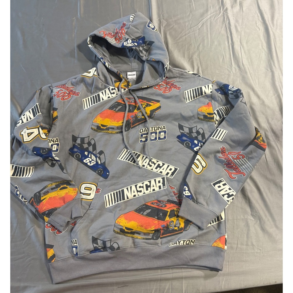 NASCAR All Over Print Hoodie Grey Daytona Talladega 500 Racing Sweatshirt Mens